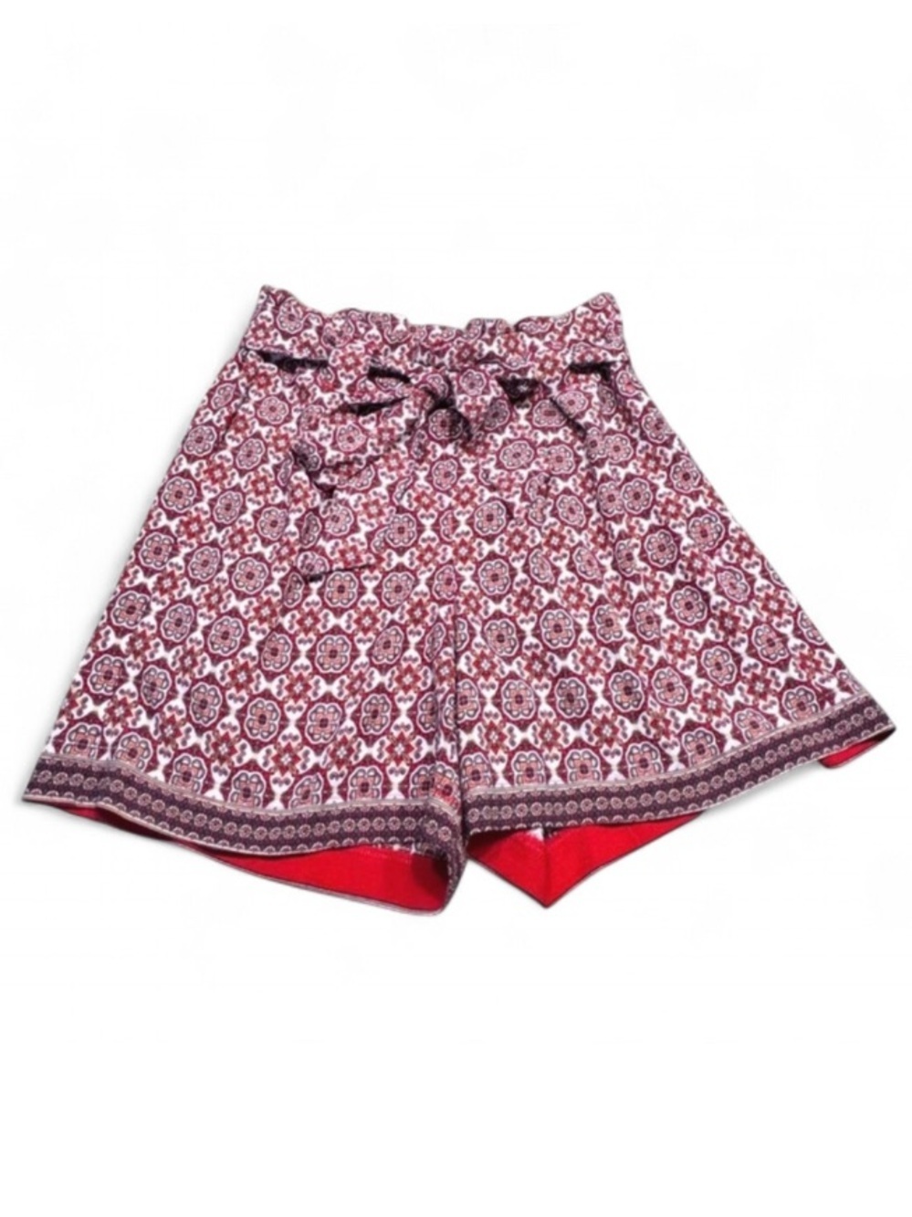 Max Studio High-Waisted Tie-Belt Shorts, red and white geometric mosaic print. M